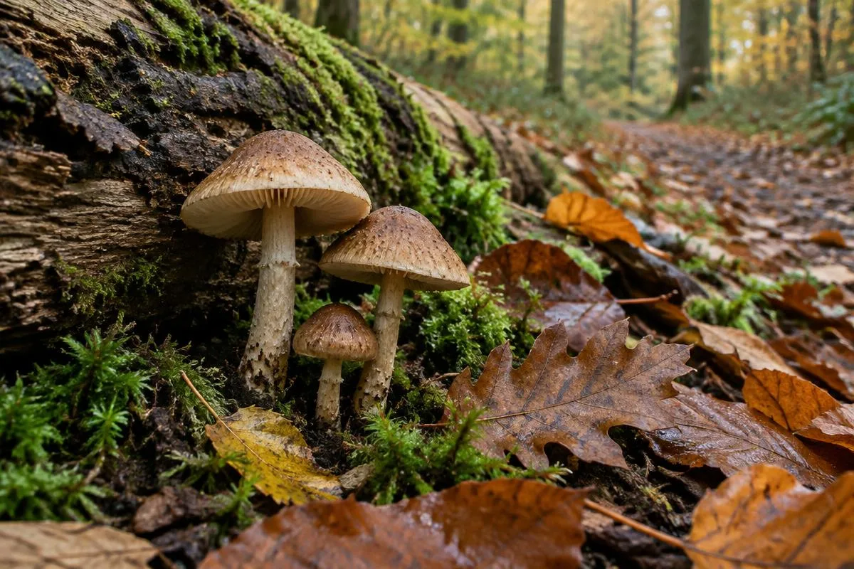 Illustratief AI-beeld van paddenstoelen naast een boomstam in een herfstbos