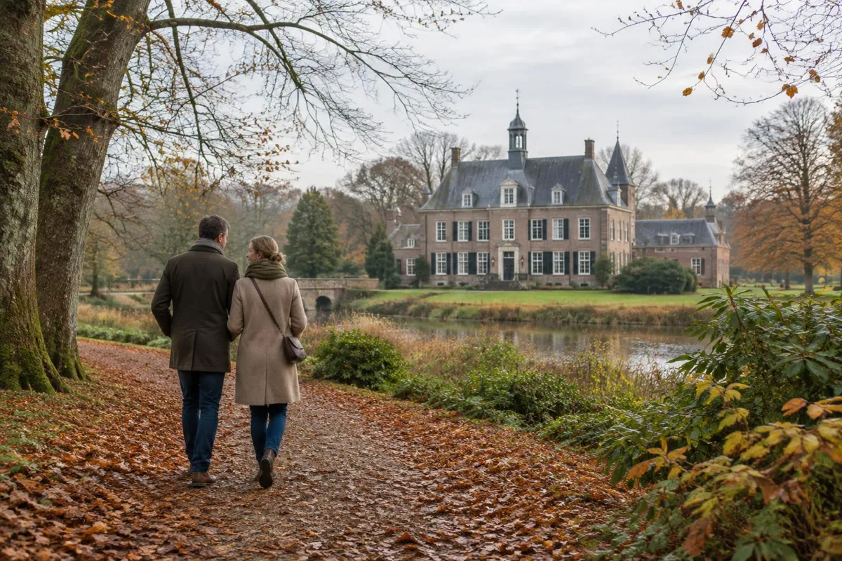 AI-inspiratiebeeld: fictief landhuis met wandelaars in een novemberlandschap; geen foto van een genoemde locatie
